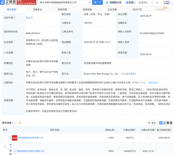 涨停吧  隆基绿能在鄂尔多斯成立新能源公司